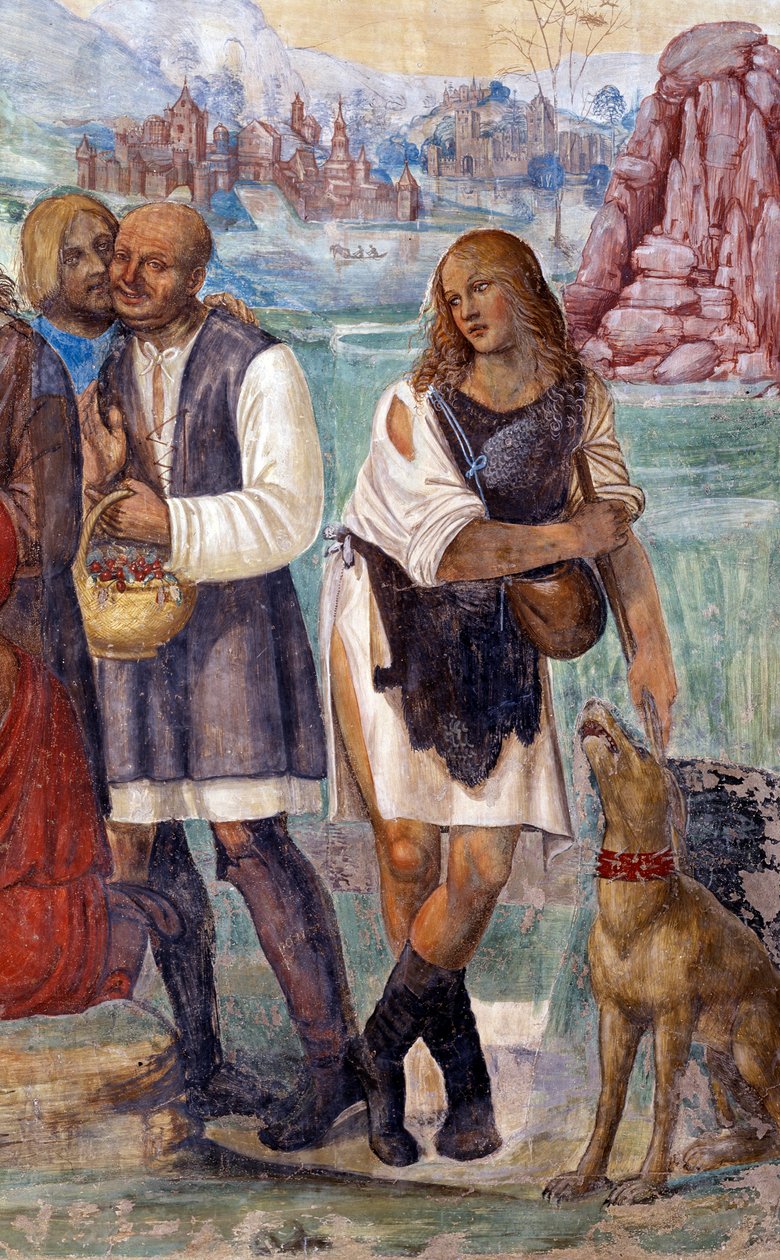 Hoe Benedictus de heilige leer aan de boeren onderwijst die hem bezoeken (detail) fresco van de kloostergang gemaakt door Antonio Bazzi genaamd il Sodoma (1477 - 1549) die het leven van Sint Benedictus van Nursia (480 - 567) stichter van de Orde van Benedi door Giovanni Antonio Bazzi Sodoma