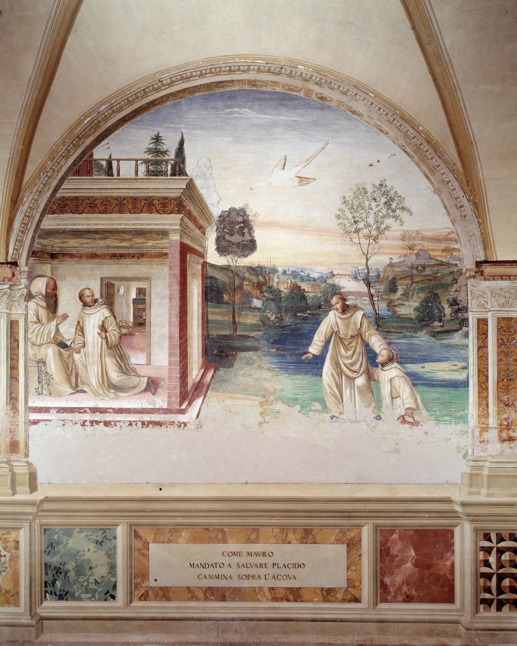 Maurus loopt op water om St. Placidus te redden (fresco) door Giovanni Antonio Bazzi Sodoma