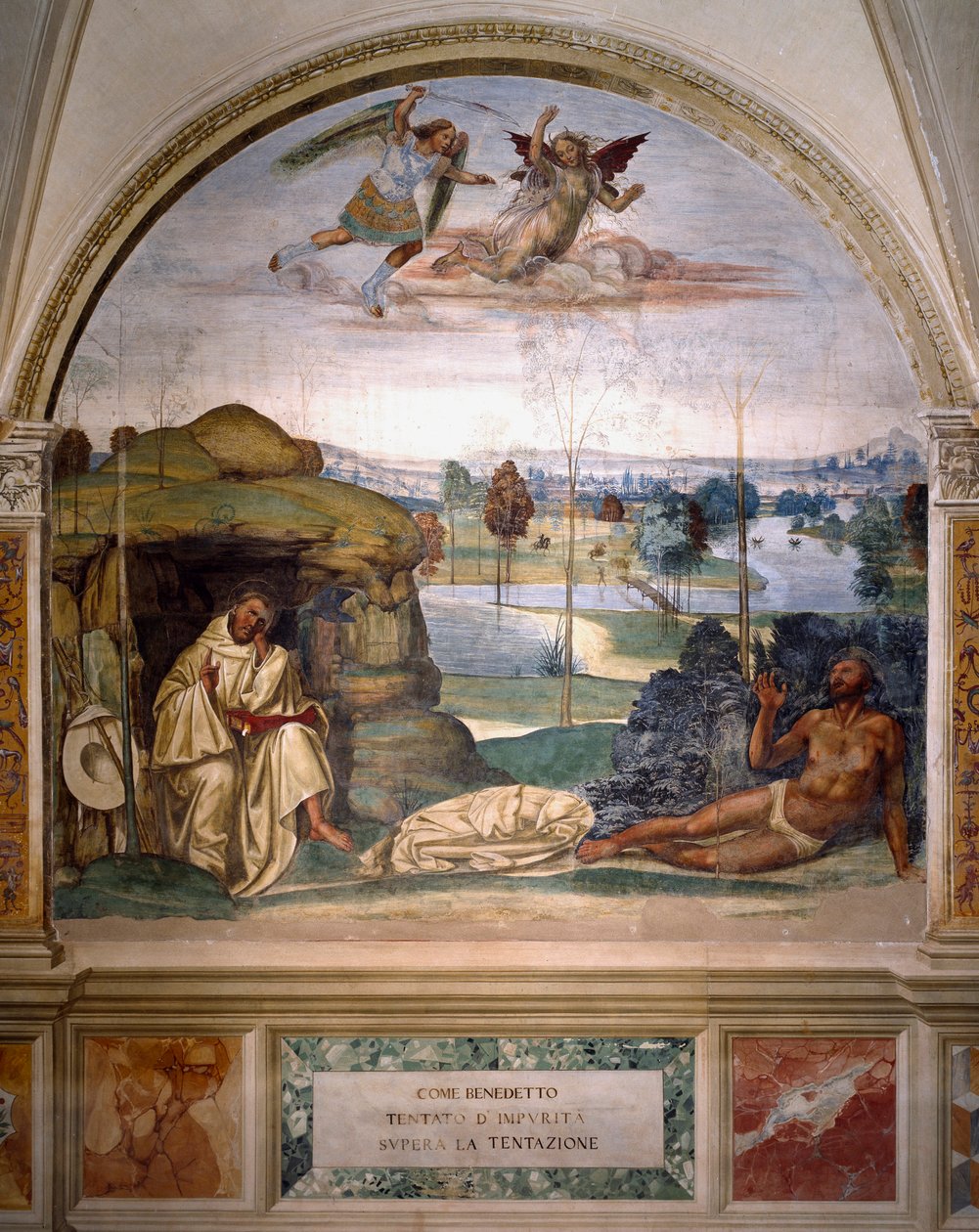 St. Benedictus overwint de verleiding door zich naakt in een doornstruik te werpen (fresco) door Giovanni Antonio Bazzi Sodoma