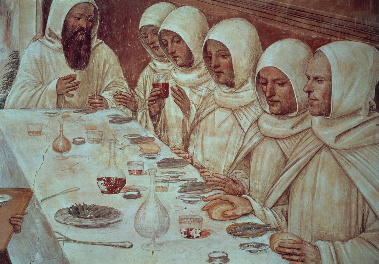St. Benedictus die voldoende meel heeft verkregen en de monniken voedt (detail) door Giovanni Antonio Bazzi Sodoma