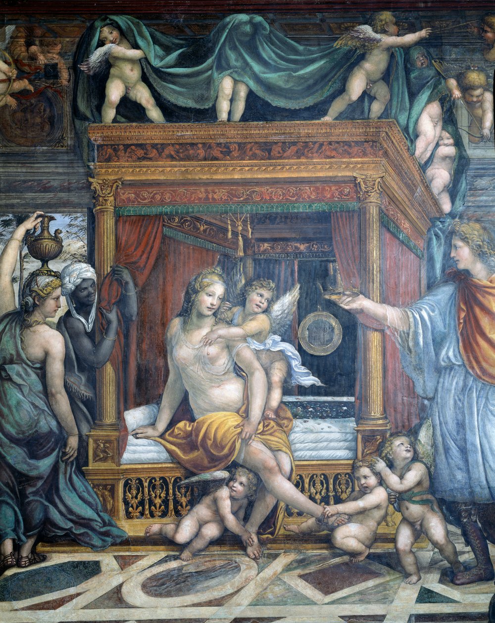 De Sala delle Nozze di Alessandro e Rossana detail van Roxanne in haar slaapkamer die een kroon krijgt van Alexander (detail) door Giovanni Antonio Bazzi Sodoma