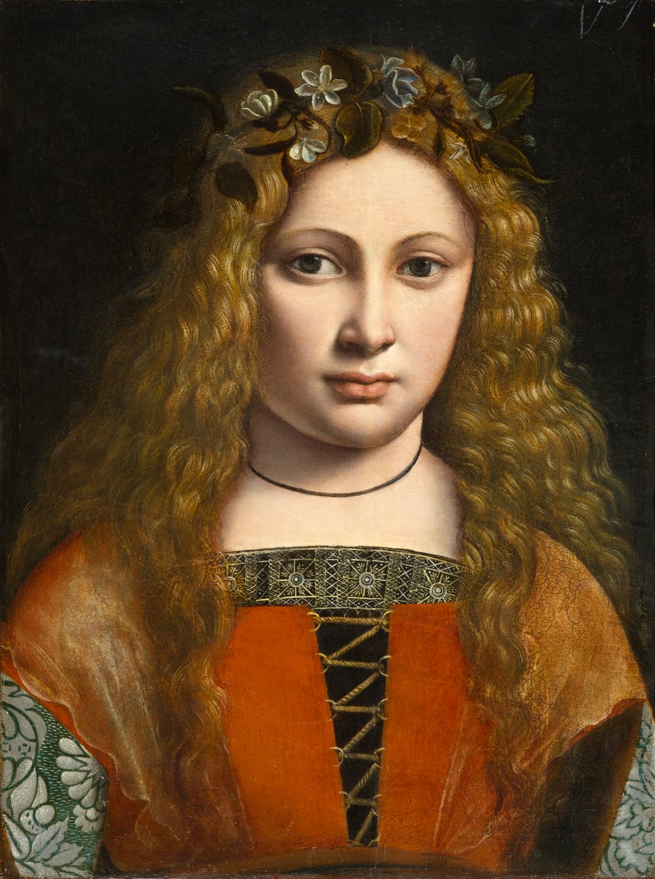 Portret van een jong meisje gekroond met bloemen, ca. 1490 door Giovanni Antonio Boltraffio