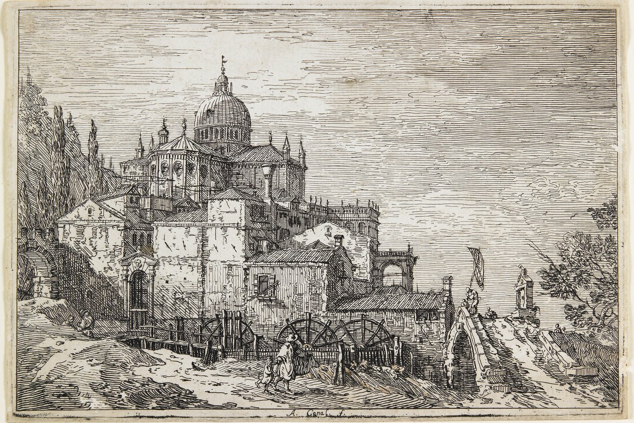 Landschap met een Kerk, Huizen en een Molen door Giovanni Antonio Canal