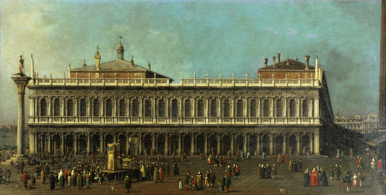 De bibliotheek en de Piazzetta, Venetië, kijkend naar het westen met talrijke figuren en een poppenshow, ca. 1740 door Giovanni Antonio Canal