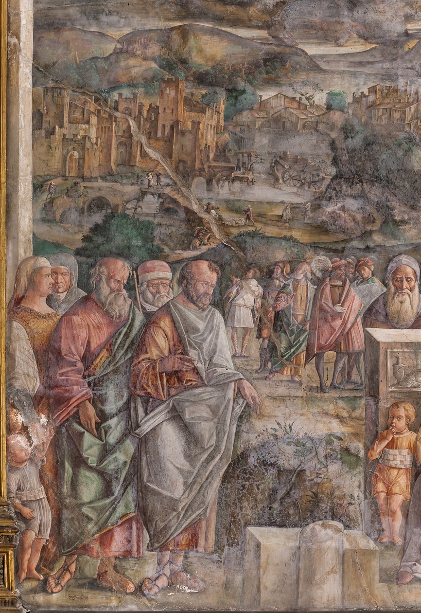 St. Antonius arriveert in Padua, waar hij vrede herstelt tussen de burgers met de kracht en zachtheid van zijn prediking, School van de Heilige, (detail) door Giovanni Antonio Corona