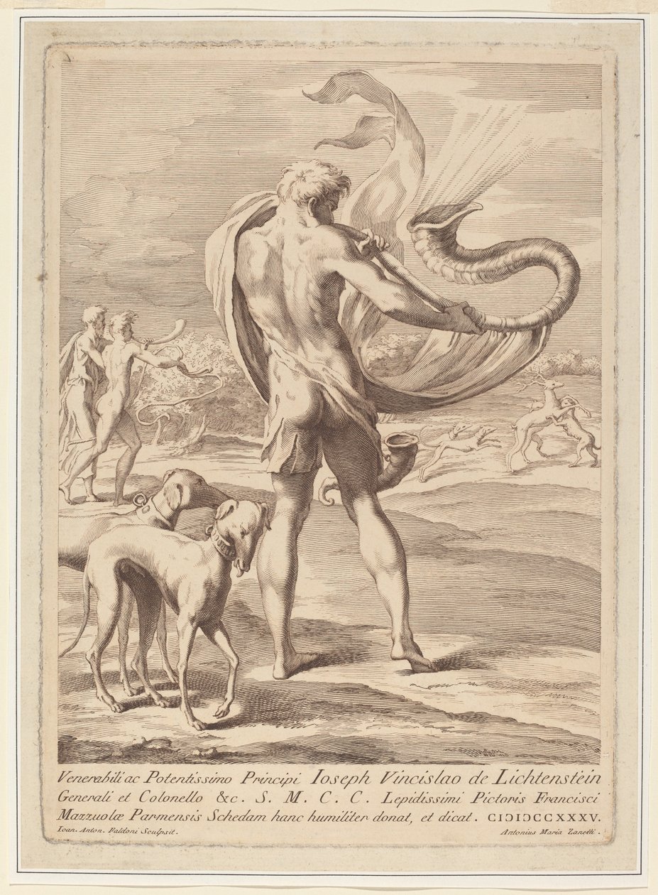 Naakte Man die een Schelp Blaast door Giovanni Antonio Faldoni after Parmigianino