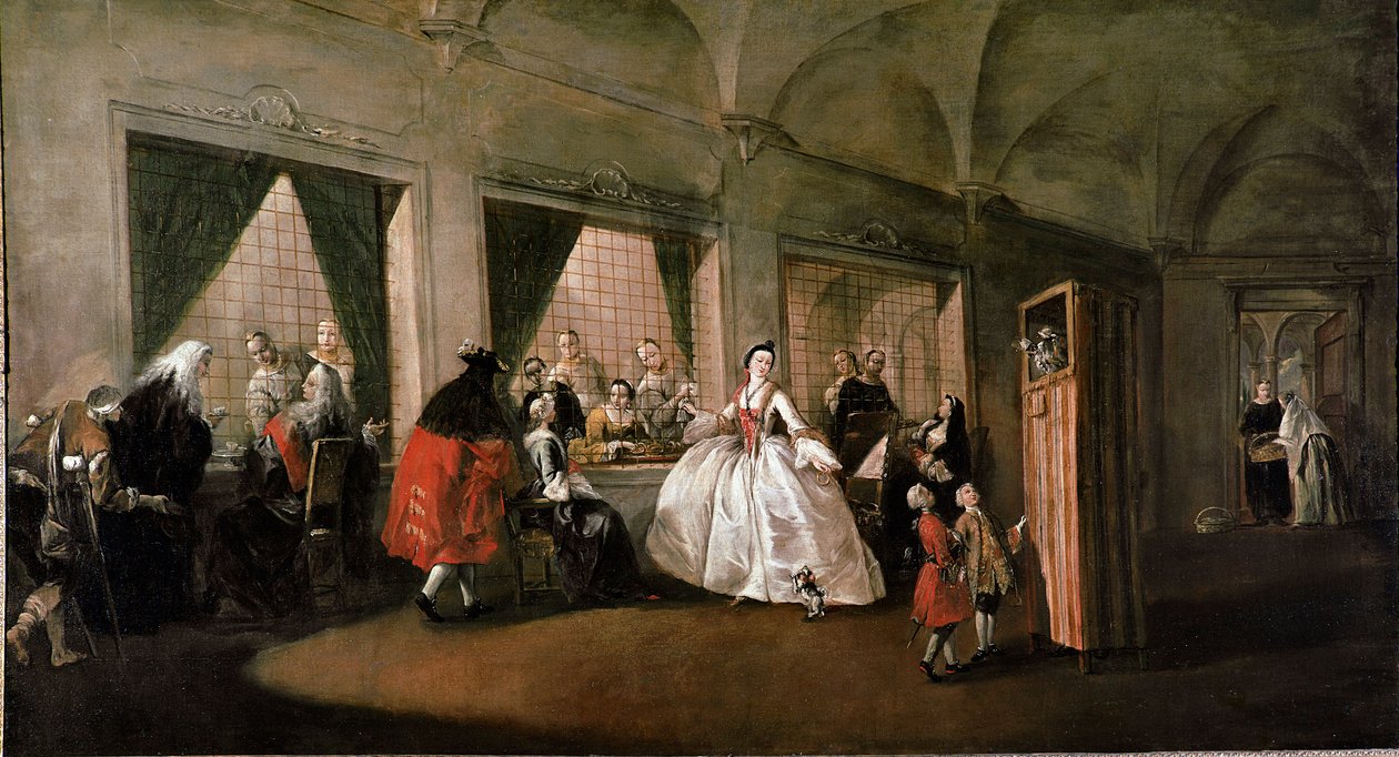 De salon gezien vanuit het klooster van de kerk van San Zaccaria in Venetië, de nonnen praten met de bezoekers, een poppenshow wordt georganiseerd voor kinderen. Schilderij door Gianantonio Guardi of Giovanni Antonio Guardi (1699-1760) 18e eeuw Dim. 108x20 door Giovanni Antonio Guardi