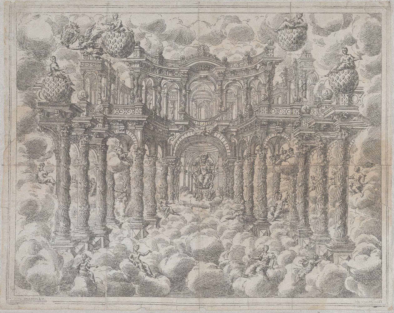 Plaat 2 [tegenproef]: Toneelset met allegorische figuren zittend tussen de wolken door Giovanni Antonio Lorenzini