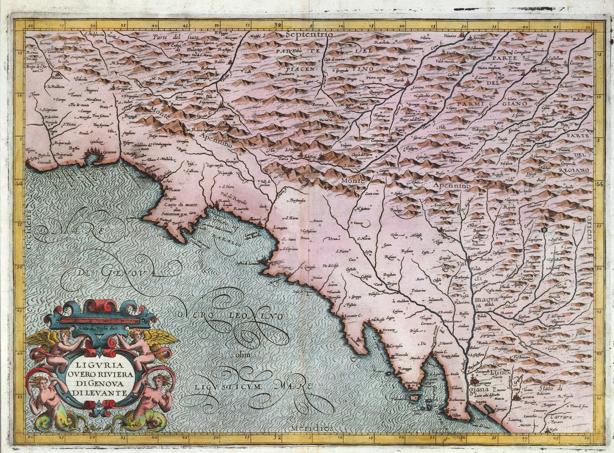Kaart van de regio Oost-Ligurië, door Giovanni Antonio Magini, Bologna, kopergravure door Giovanni Antonio Magini