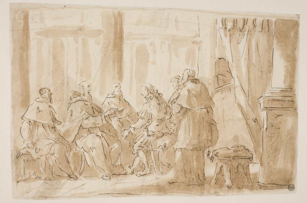 Een groep van vijf geestelijken die met een leek praten door Giovanni Antonio Pellegrini