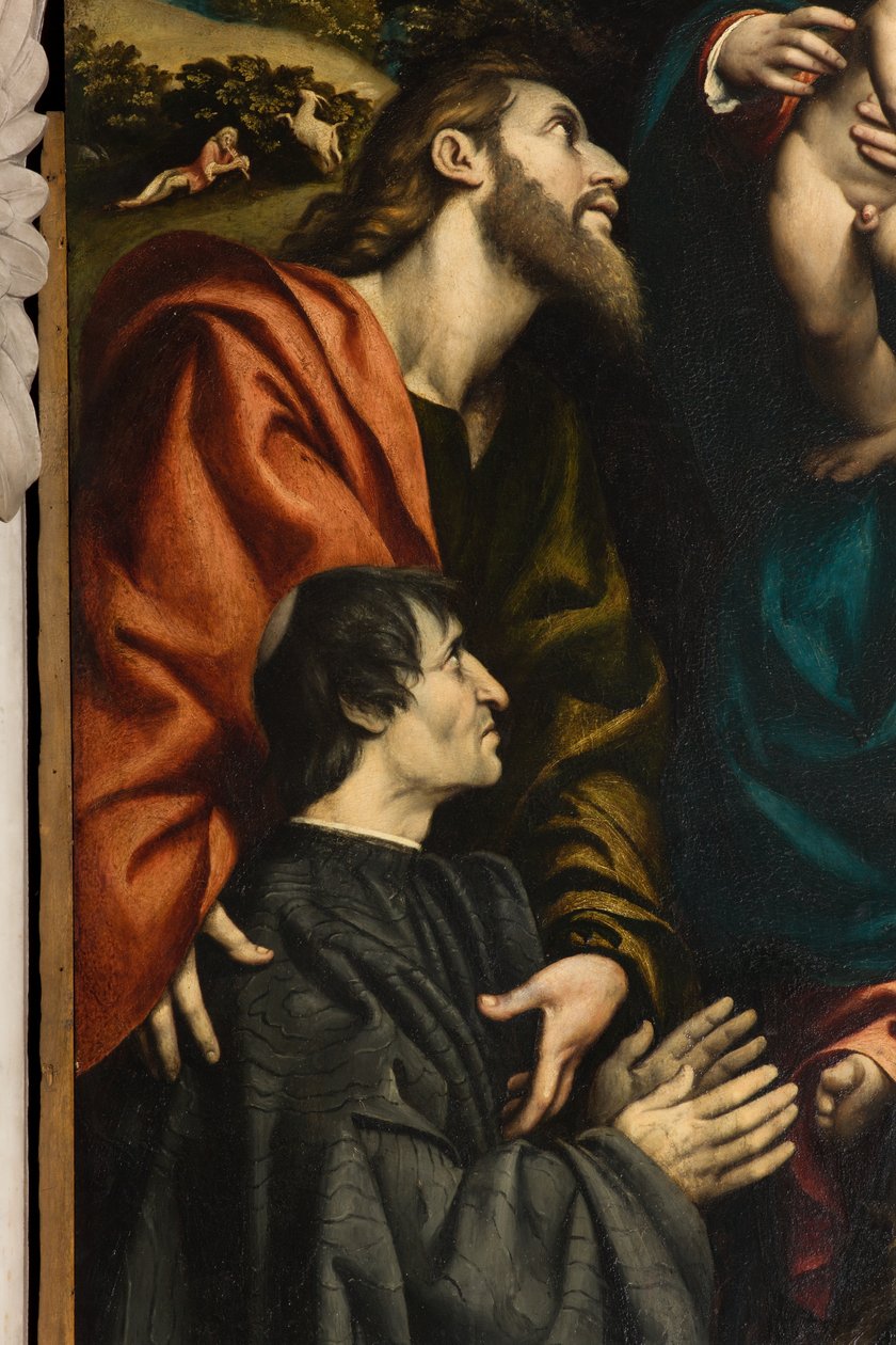 Altaar van Sint-Catharina, Madonna en Kind tussen Heiligen Philip en James en de schenker Giacomo Schizzi, Il Pordenone 1522, Detail door Giovanni Antonio Pordenone