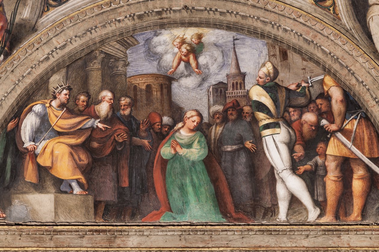 Lunet die de onthoofding van St. Catherine afbeeldt door Giovanni Antonio Pordenone