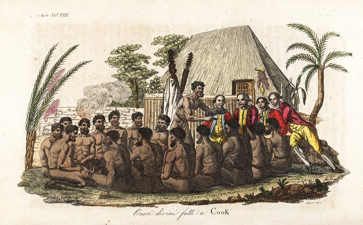 Hawaïaanse inboorlingen bieden een offerzwijn aan Kapitein James Cook voor 12 priesters en een houten afgodsbeeld in het heilige Orono-huis door Giovanni Antonio Sasso