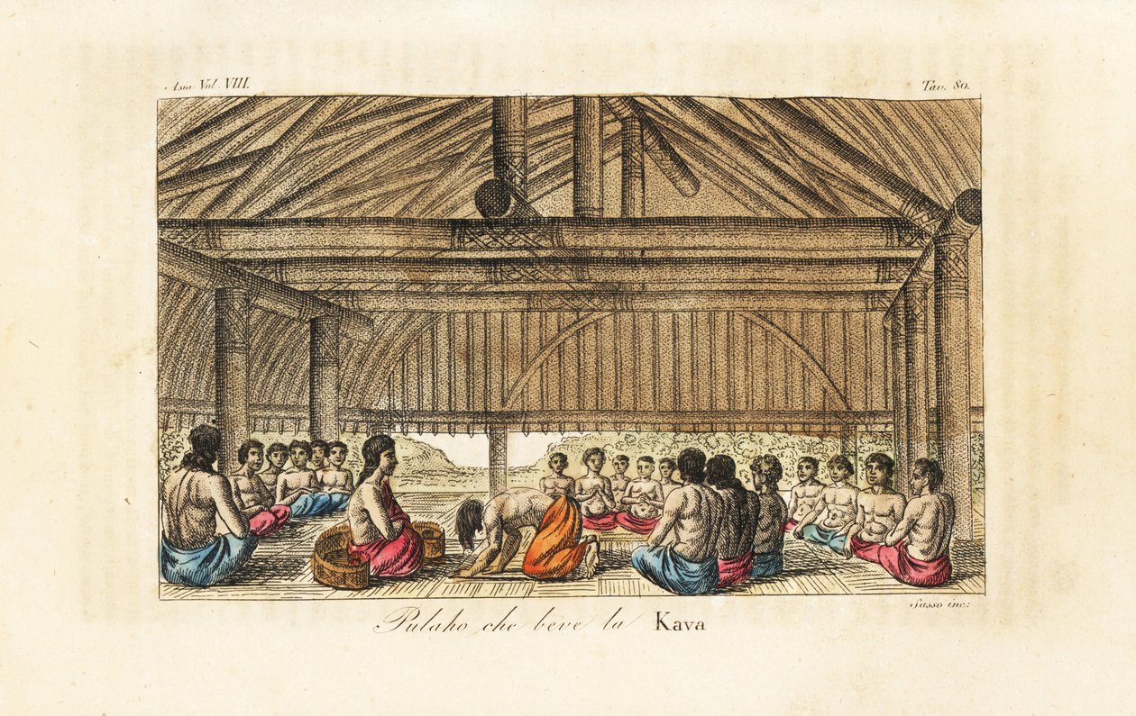 Koning Polaho drinkt kava in een langhuis, Tonga (Vriendelijke Eilanden) door Giovanni Antonio Sasso