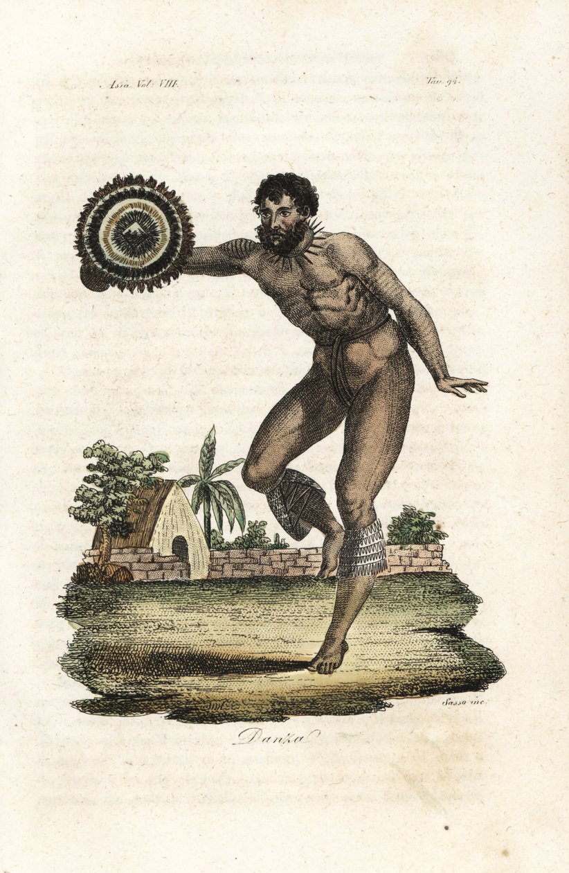 Naakte getatoeëerde man van Hawaï (Sandwich-eilanden) die danst voor kapitein James Cook door Giovanni Antonio Sasso