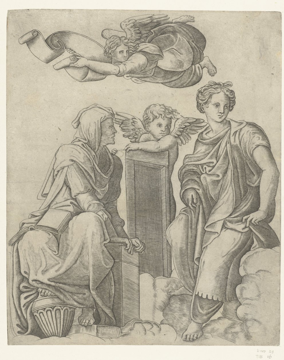 Twee sibyllen en engel en putto door Giovanni Antonio da Brescia (attributed to)