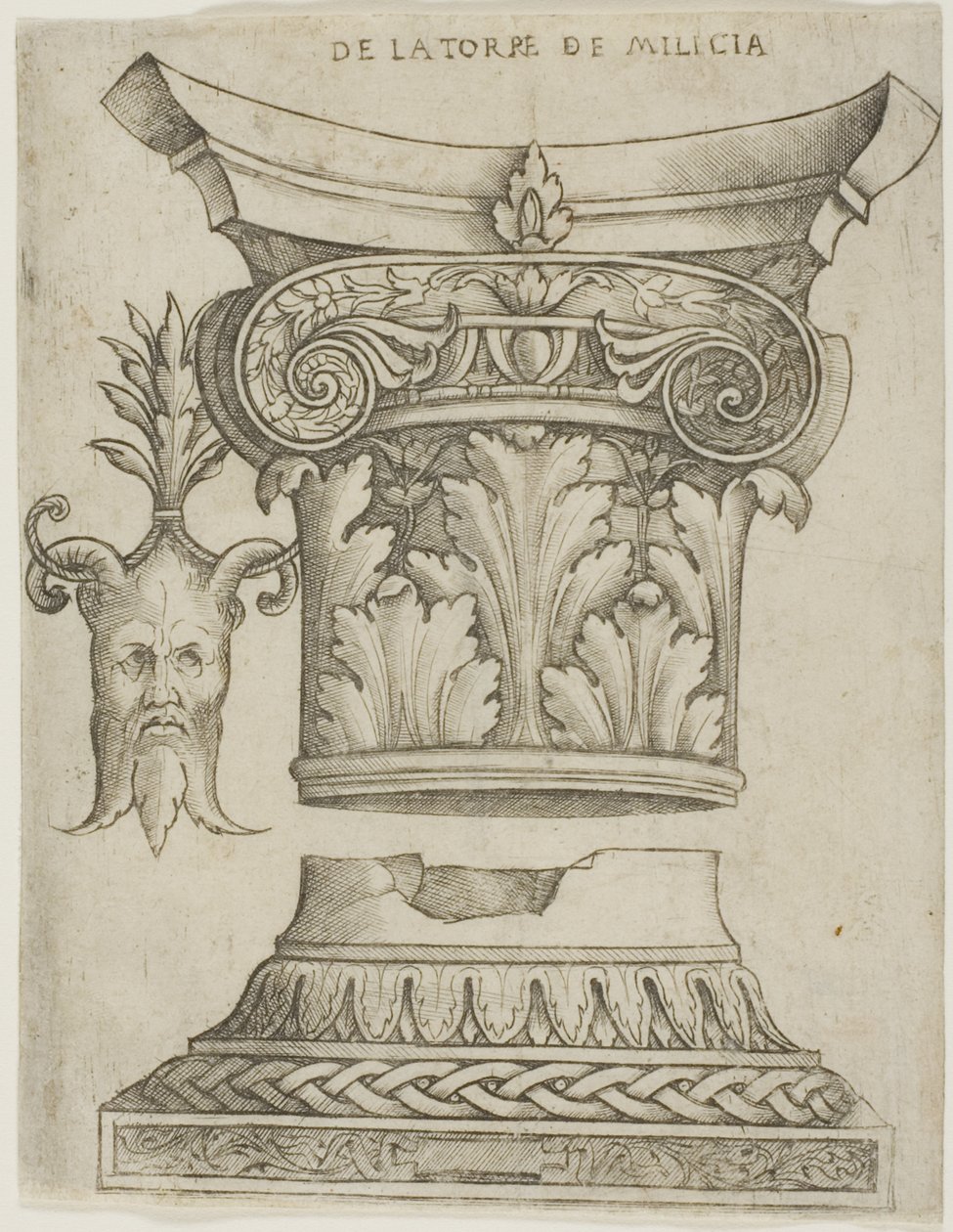 Architectonische Details: Basis, Kapiteel en Masker door Giovanni Antonio da Brescia