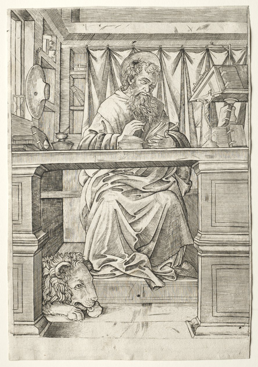 St. Hiëronymus in zijn studeerkamer door Giovanni Antonio da Brescia