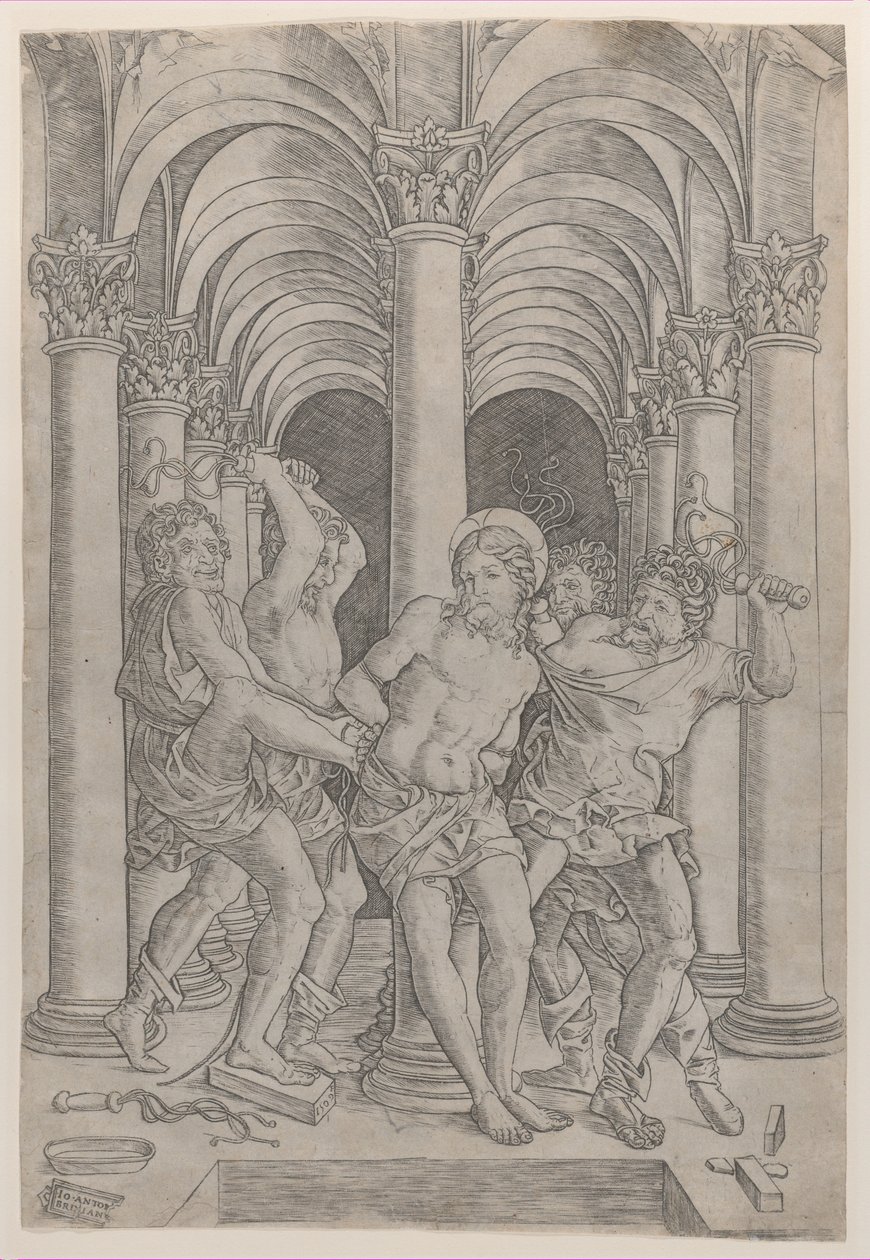 De Geseling van Christus die aan een zuil is vastgebonden in het midden binnen een arcade, 1509 door Giovanni Antonio da Brescia