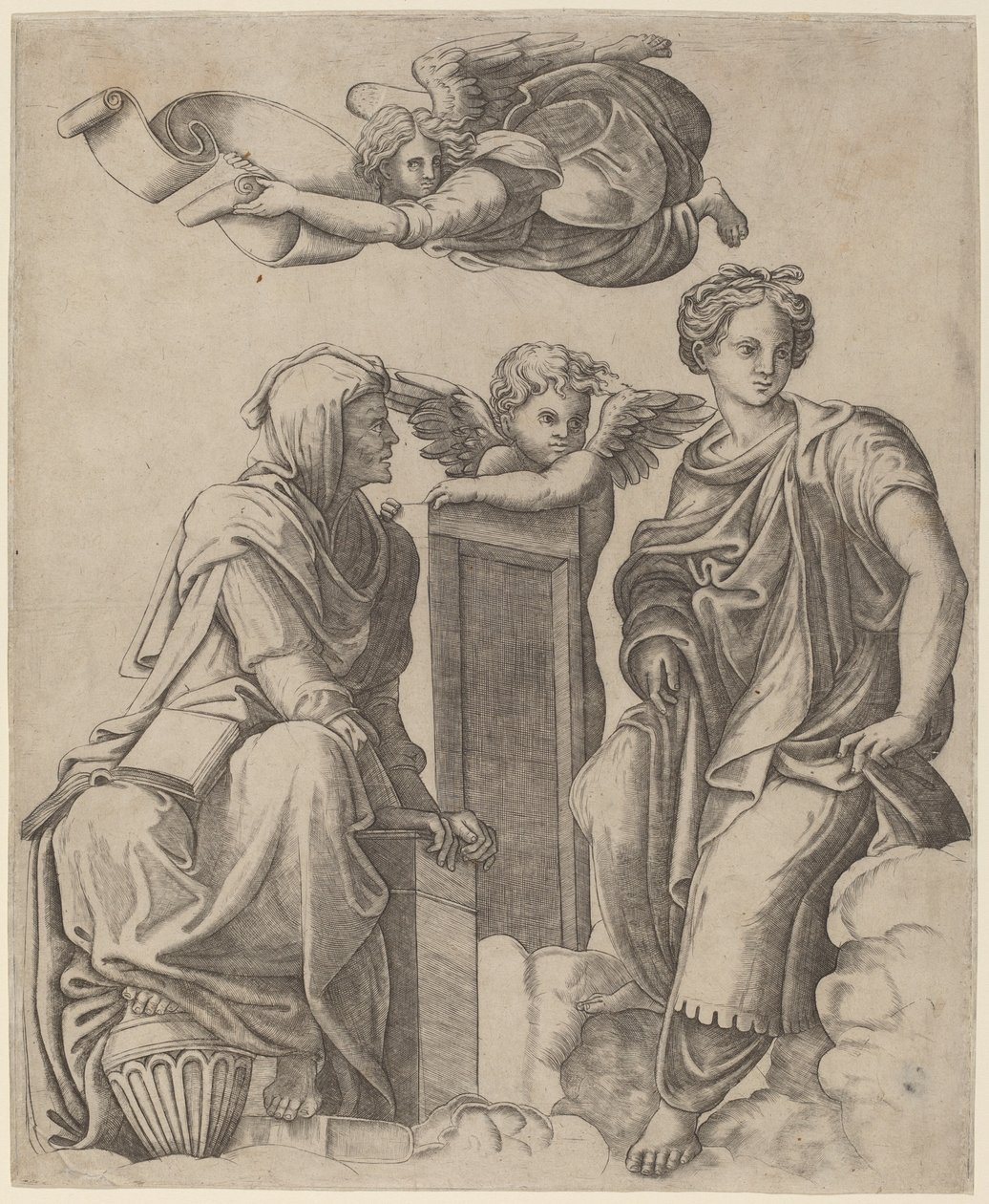 Twee Sibyllen en een Engel door Giovanni Antonio da Brescia after Raphael