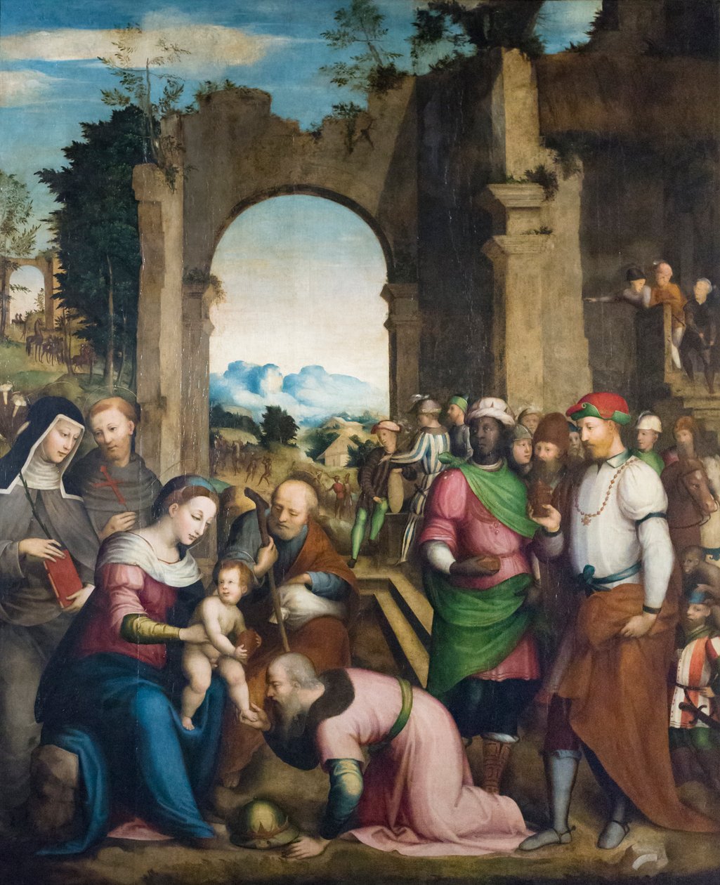 Aanbidding van de wijzen met st. Clara en Franciscus, c.1510 door Giovanni Battista (1489 1561) Volponi