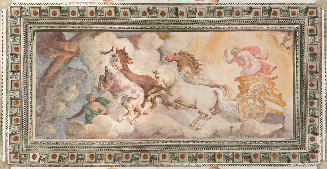 De wagen van de zon bestuurd door Apollo, Apollo Loggia, c.1560 door Giovanni Battista and Cambiaso Luca Castello