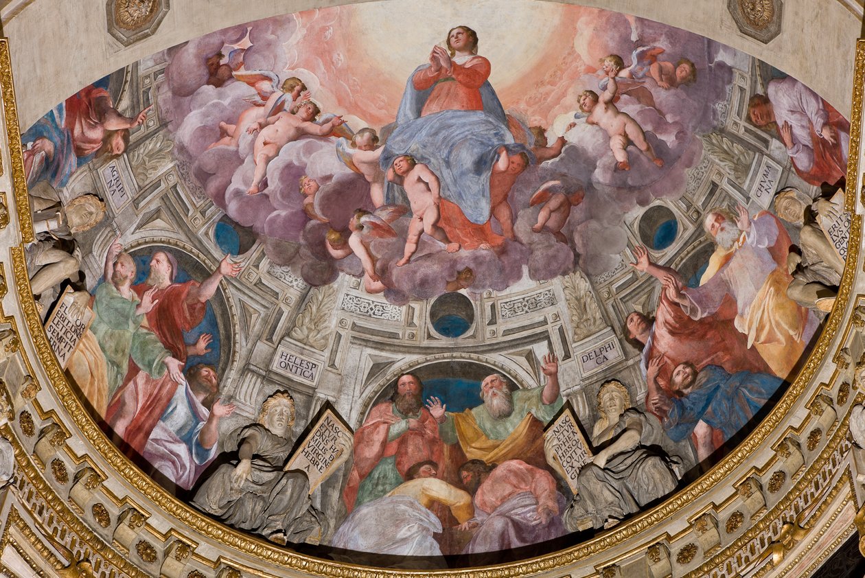 Genua, Duomo (Sint-Laurenskathedraal), binnen, de Lercari-kapel of de Kapel van het Heilig Sacrament (noordelijke apsis), apsis: "Hemelvaart van de Maagd", fresco door Giovanni Battista Castello bekend als Bergamasco door Giovanni Battista Castello