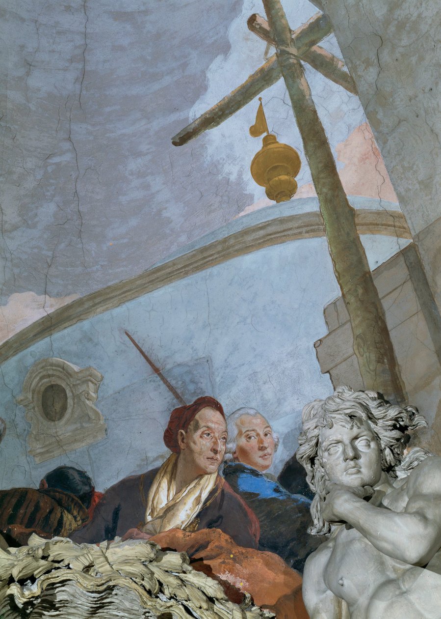 Een zelfportret toont een uitgeputte, sterk verouderde Tiepolo die zich over de hoekcartouche buigt ... (fresco) door Giovanni Battista (1696 1770) Tiepolo