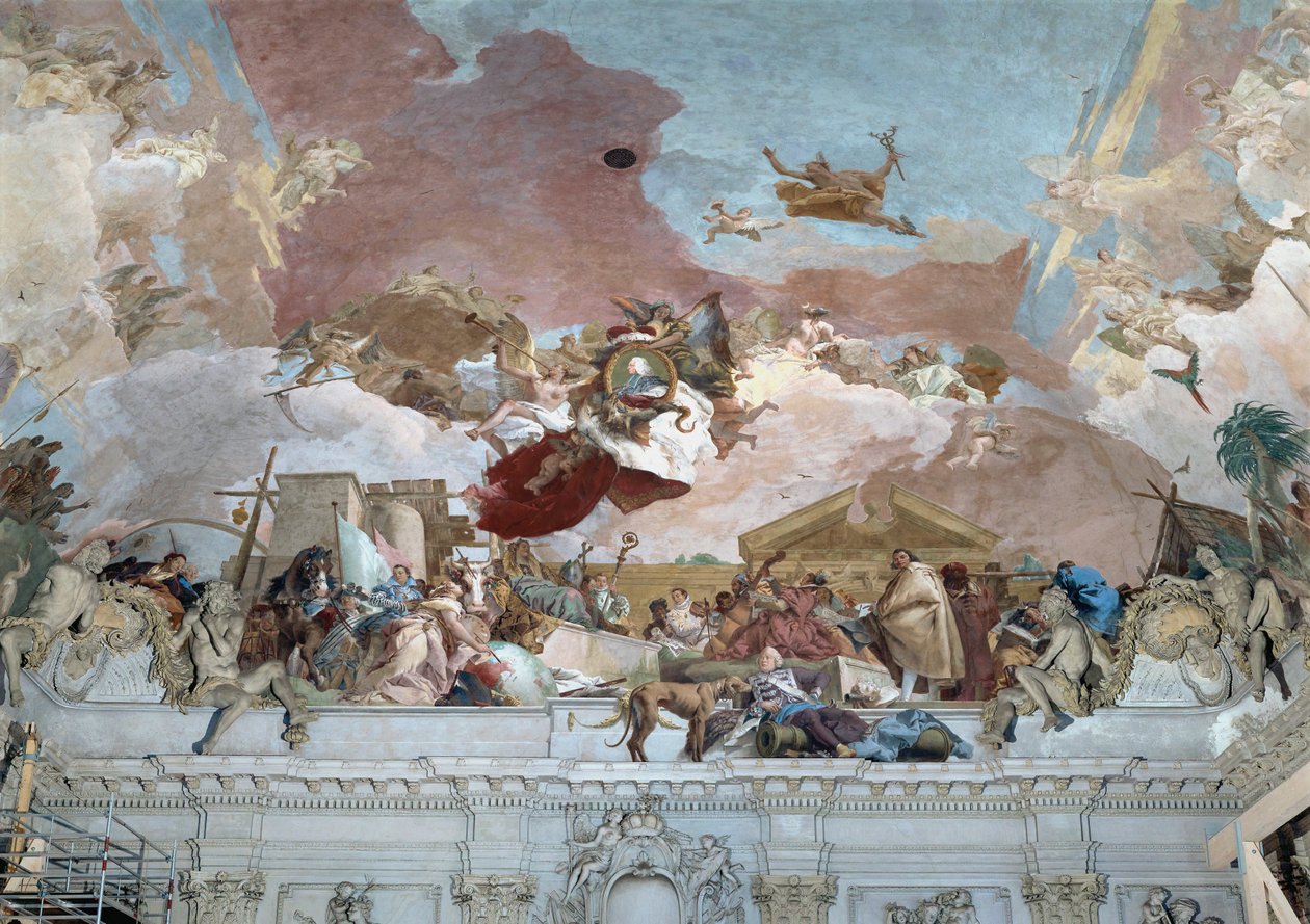 Apotheose van bisschop Carl Philipp von Greiffenklau en de doorsnede Europa van de plafondfresco ... (fresco) door Giovanni Battista (1696 1770) Tiepolo