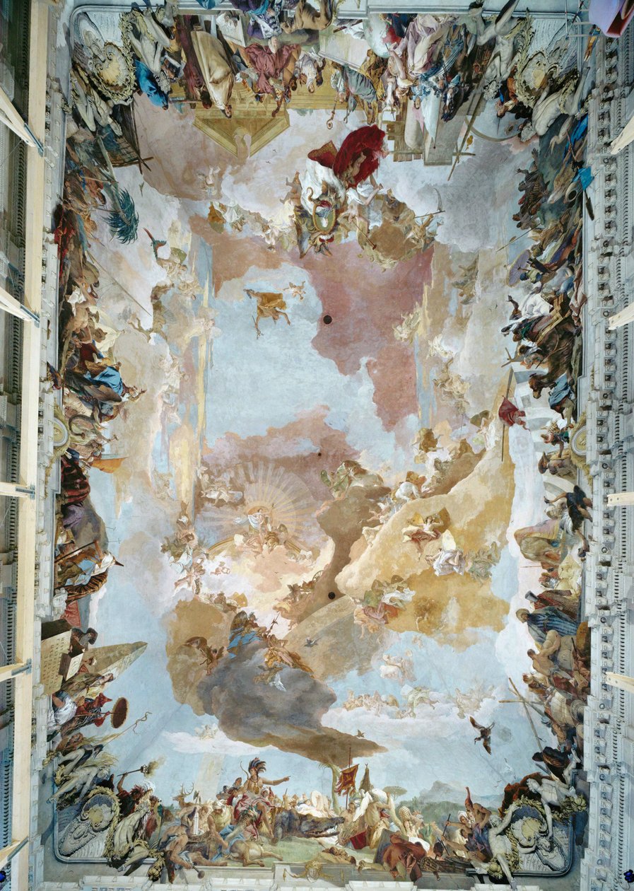 Plafondfresco in het trappenhuis van de bisschoppelijke residentie Wuerzburg ... (fresco) door Giovanni Battista (1696 1770) Tiepolo