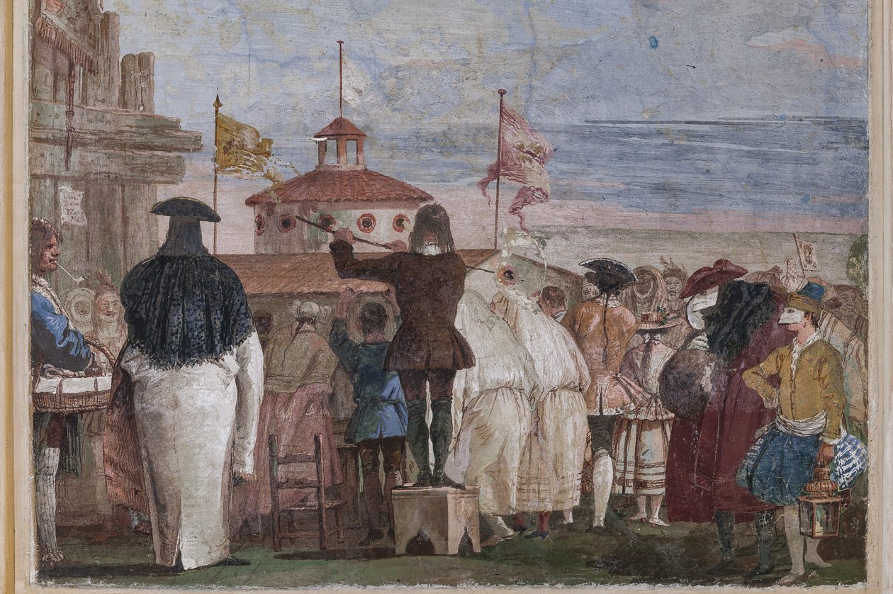 Gastverblijven, de kamer van de carnavalscènes: "Nieuwe Wereld", een scène met maskers die een olieverfschilderij imiteren door Giovanni Battista Tiepolo