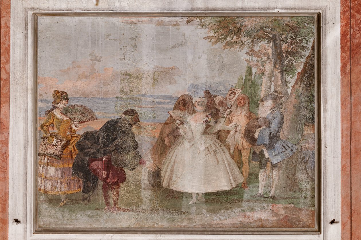 Gastverblijven, de Kamer van de Carnavalsscènes: "Pantalone en Columbina", een scène met maskers door Giovanni Battista Tiepolo