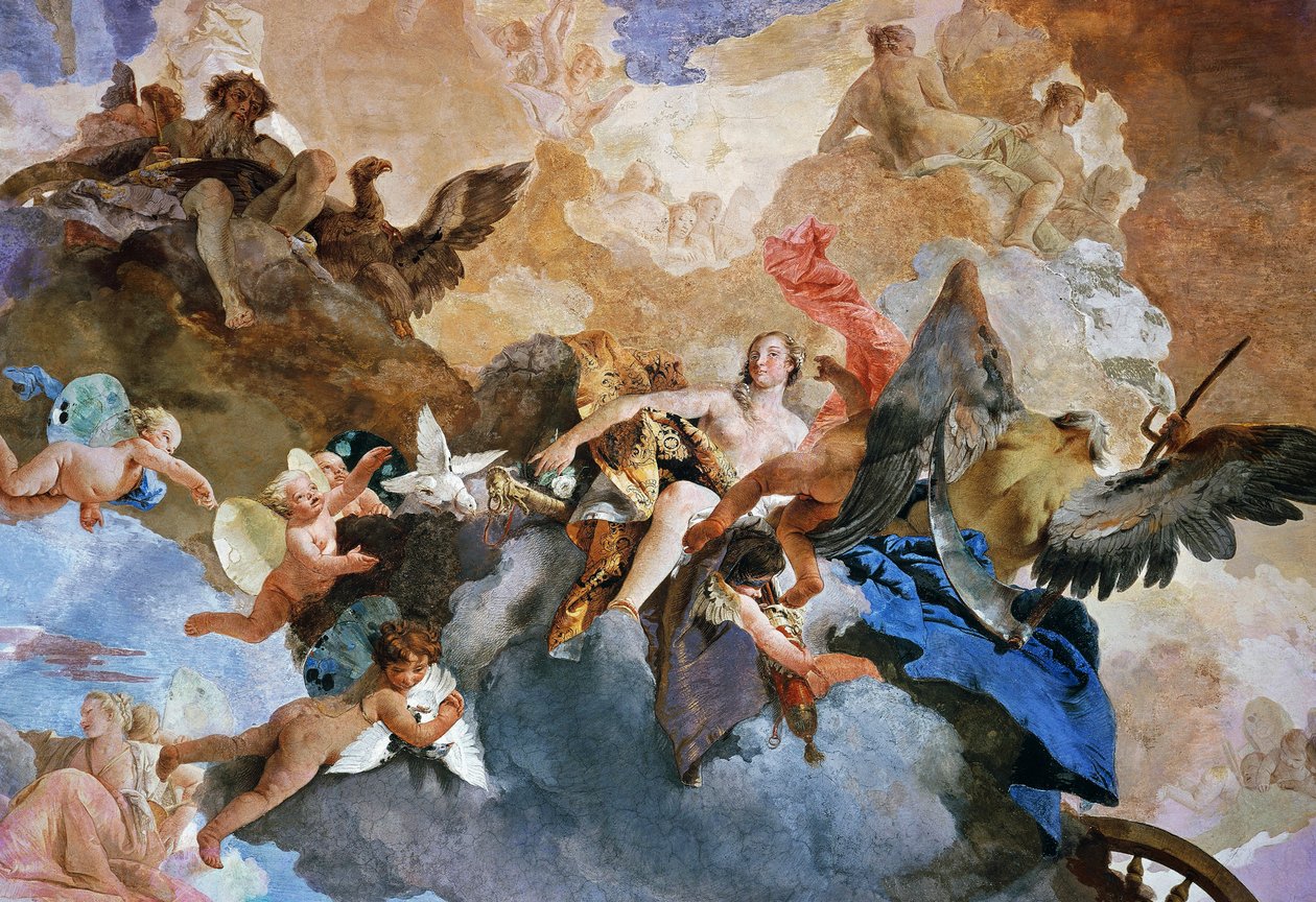 Ontvoering van Venus door Kronos, detail van De loop van de zonnewagen, fresco door Giambattista Tiepolo, Tapijtenzaal, Palazzo Clerici, Milaan, Lombardije, Italië door Giovanni Battista Tiepolo