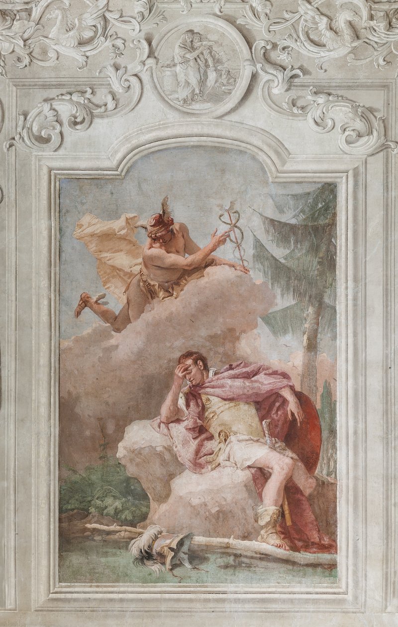 Palazzina (Klein Gebouw), de derde kamer of kamer van de Aeneis: "Aeneas droomt van Mercurius die hem beveelt te vertrekken" door Giovanni Battista Tiepolo