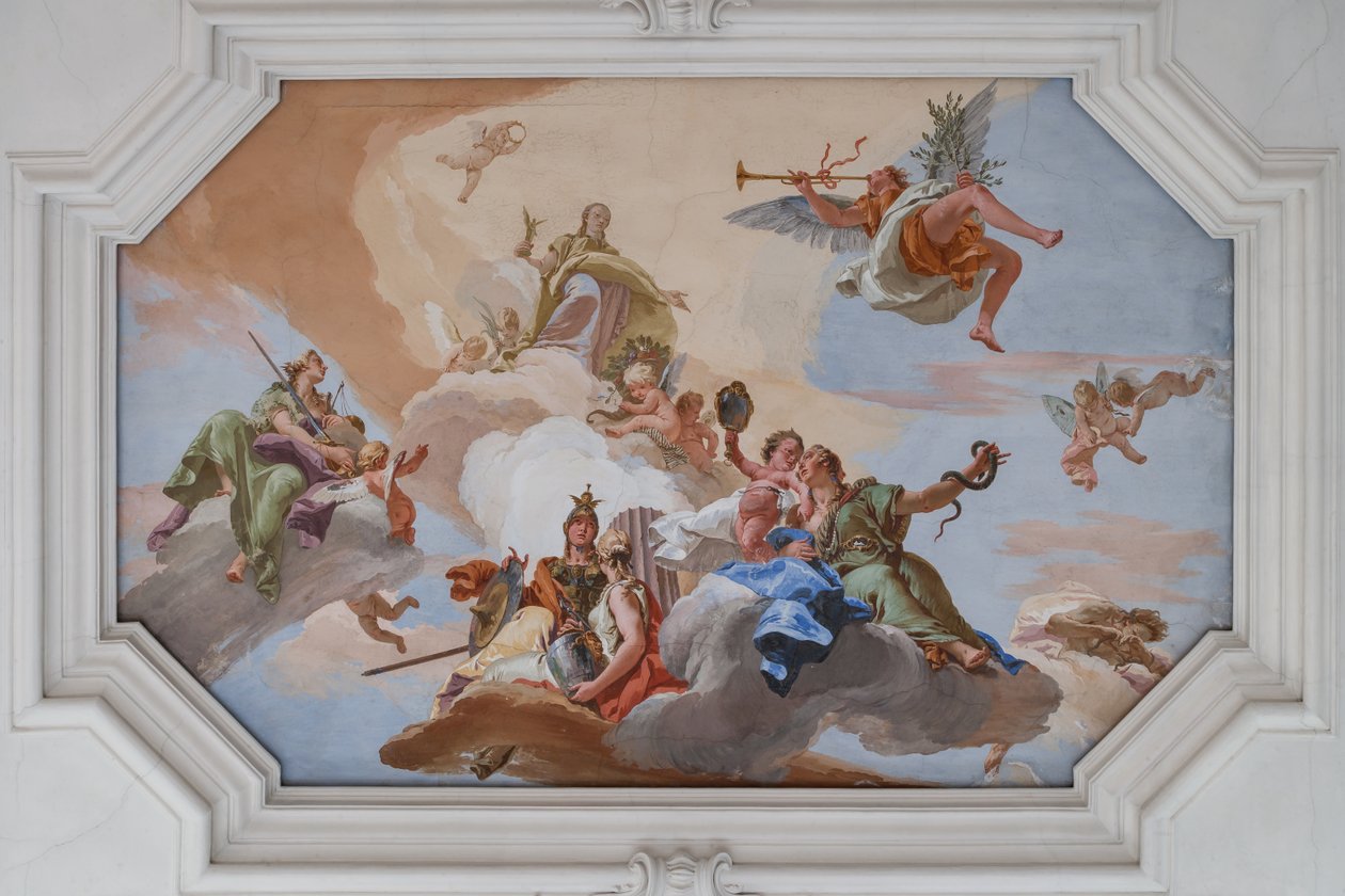 Triomf van Glorie aangekondigd door Faam staande tussen de Kardinale Deugden door Giovanni Battista Tiepolo