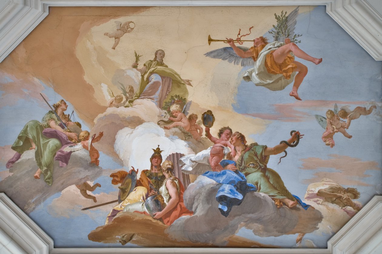 Triomf van Glorie aangekondigd door Faam staande tussen de Kardinale Deugden door Giovanni-Battista Tiepolo