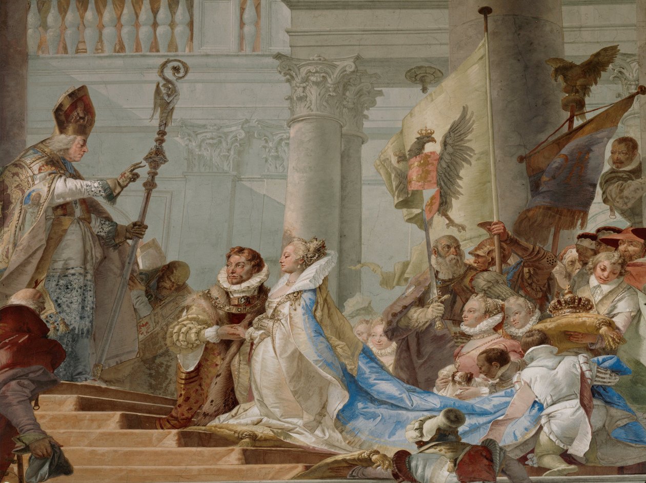 Huwelijksvoltrekking van keizer Friedrich Barbarossa en Beatrix van Bourgondië in 1156 ... (fresco) door Giovanni Battista (1696 1770) Tiepolo