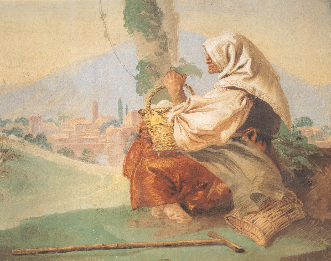 Landschap met de boer Een oude man zittend, zijn hoofd bedekt door een bebloede man die zijn gezicht verbergt door Giovanni Battista Tiepolo