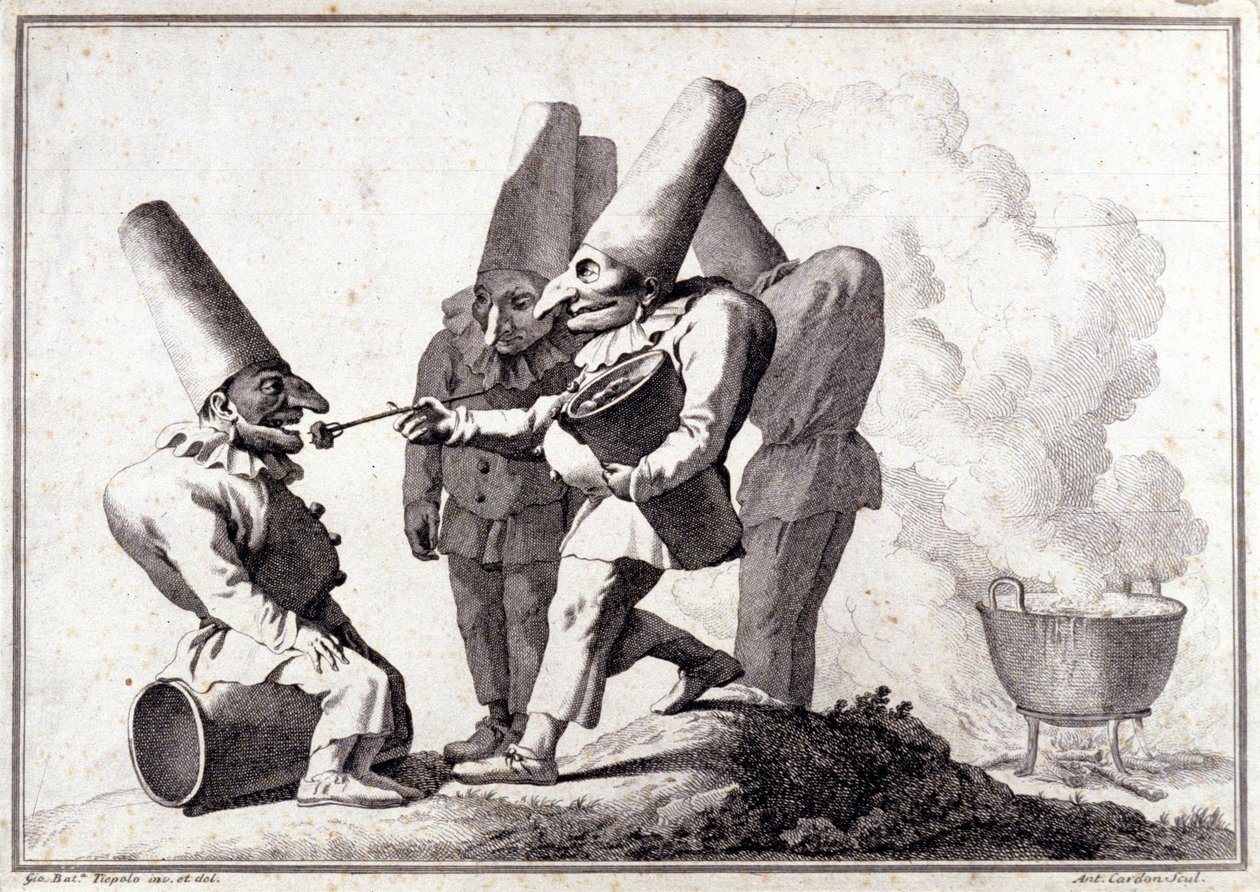 De groep van Pulcinella (Italiaanse Polichinelle). Tekening in pen en was op potloodmarkering door Giovanni Battista (Giambattista) Tiepolo (1696-1770). door Giovanni Battista Tiepolo