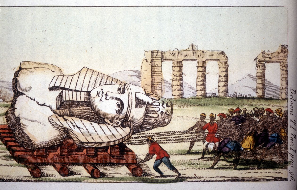 Transport van de buste van Memnon aan de oevers van de Nijl door Belzoni. Giovanni Battista Belzoni, Italiaanse ontdekkingsreiziger en archeoloog, maakte belangrijke archeologische ontdekkingen in Egypte. Gravure in 