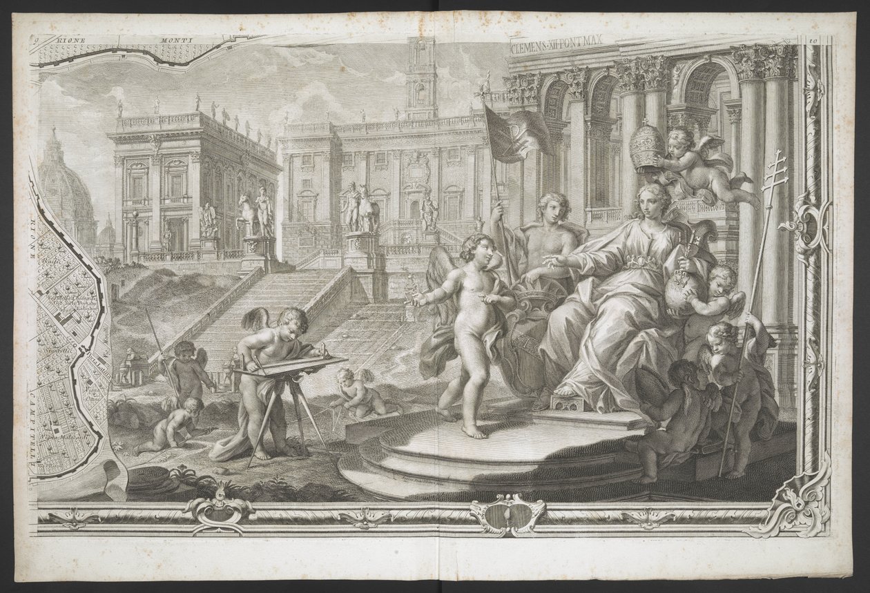 Een vrouwelijke figuur die wordt gekroond, uit Nuova Pianta di Roma, data in luce de G. Nolli door Giovanni Battista (after) Nolli