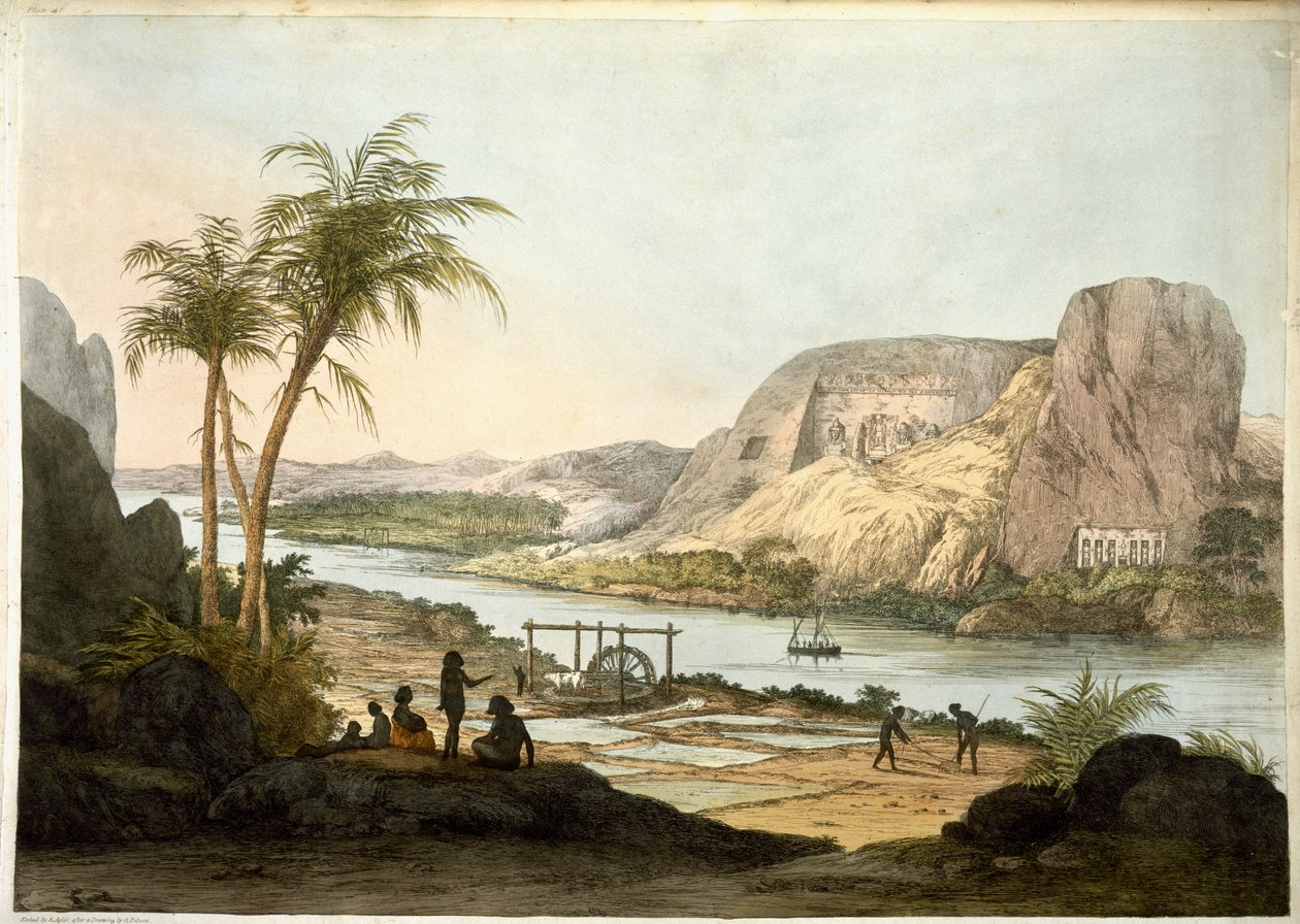 Buitenaanzicht van de twee tempels in Abu Simbul, uit Platen ter illustratie van de Onderzoeken in Egypte en Nubië, gepubliceerd in 1822 door Giovanni Battista Belzoni