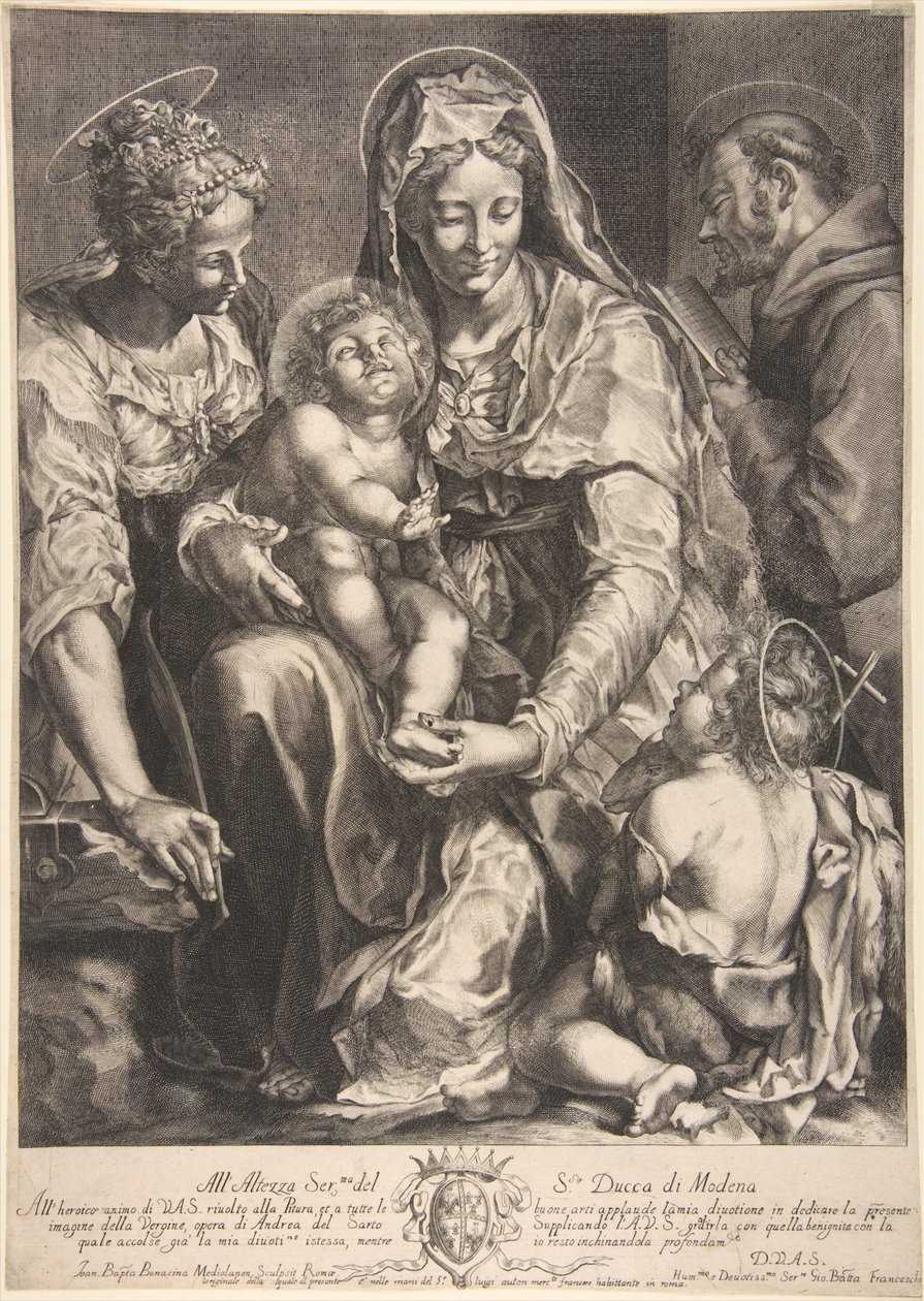 Maagd en Kind met Sint Catharina, Franciscus van Assisi en Johannes de Doper door Giovanni Battista Bonacina