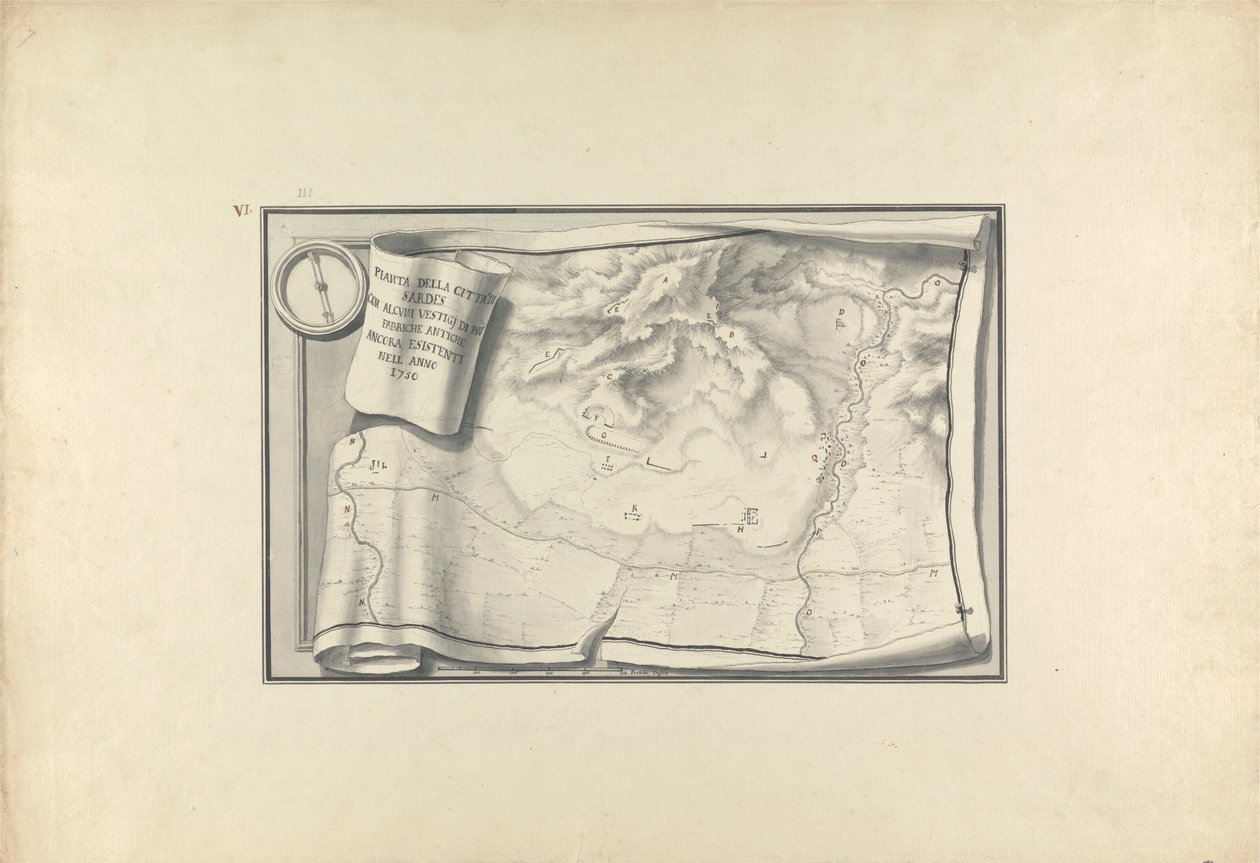 Plan van de ruïnes in Sardis met overblijfselen van oude gebouwen die nog bestaan in 1750 door Giovanni Battista Borra