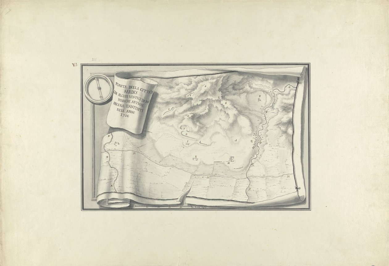 Plan van de ruïnes in Sardis met overblijfselen van oude gebouwen die nog bestaan in 1750, ca. 1750 door Giovanni Battista Borra