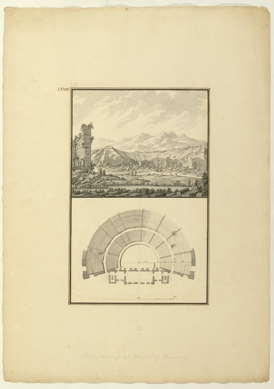 Zicht en plan van het theater van Hierapolis (nu Pamukkale), ca. 1750 door Giovanni Battista Borra
