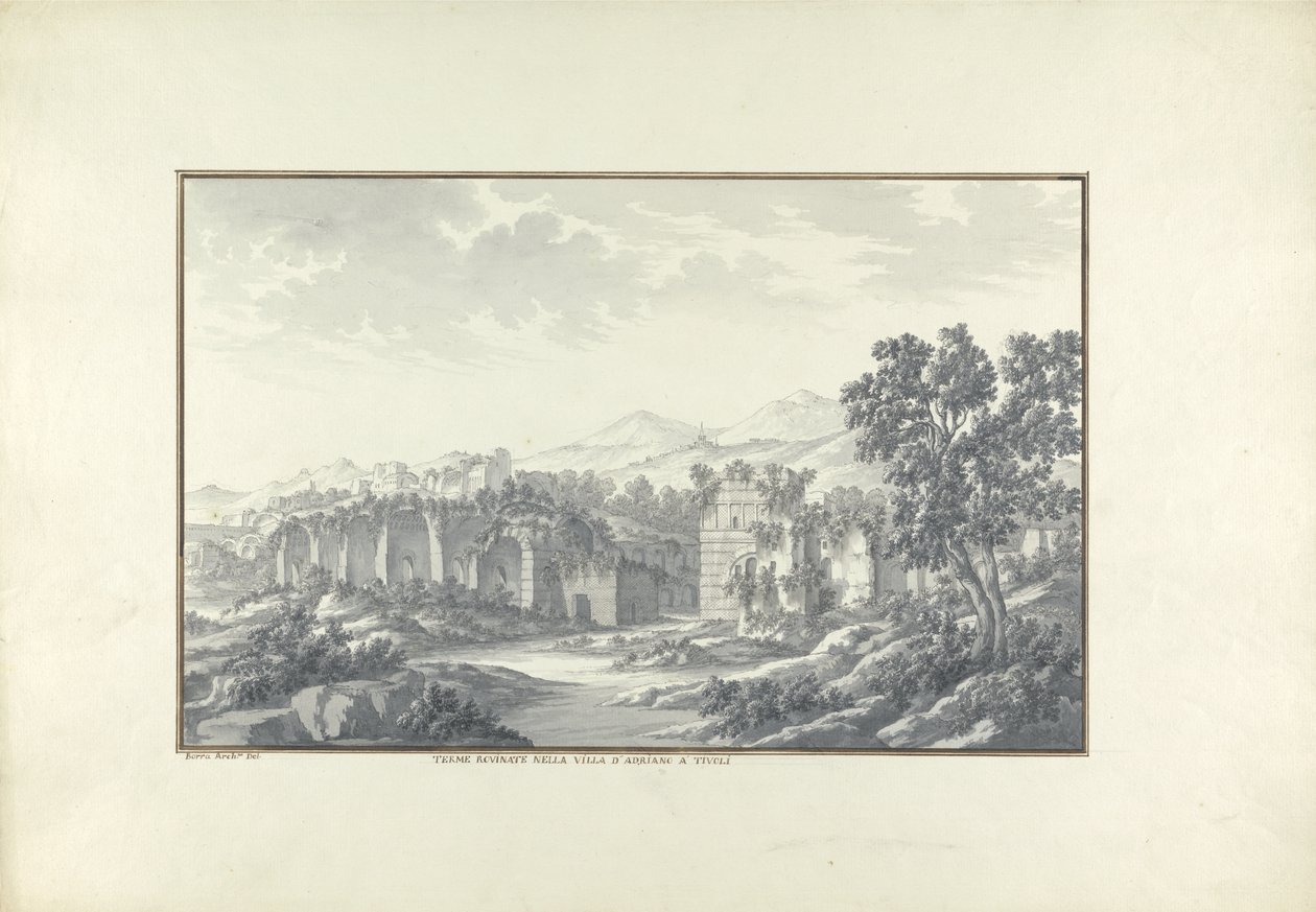 Uitzicht op de Verwoeste Baden bij de Villa van Hadrianus in Tivoli door Giovanni Battista Borra