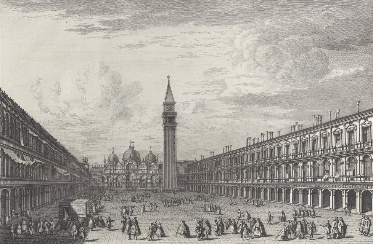Piazza San Marco richting de Basiliek en Campanile, 1763 door Giovanni Battista Brostoloni