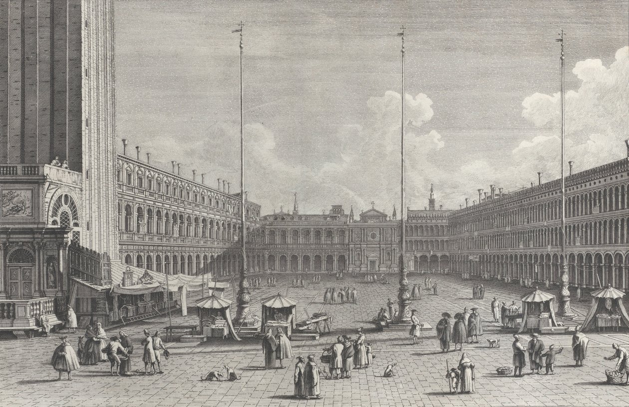 Zicht op Piazza San Marco, met de kerk van San Geminiano aan het einde, en figuren en..., 1763 door Giovanni Battista Brostoloni