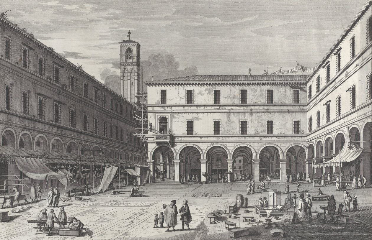 Uitzicht op het marktplein bij de kerk van San Giacomo door Giovanni Battista Brostoloni